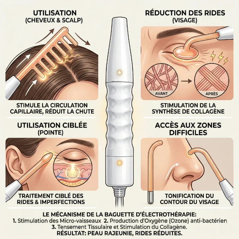 Schéma illustrant une baguette d’électrothérapie pour visage et cuir chevelu, avec usages anti-âge, stimulation capillaire et réduction des rides.