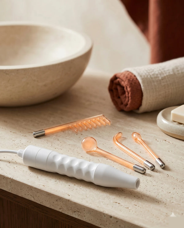 Baguette Beamirror et ses 4 embouts en verre ambre sur un plan de salle de bain