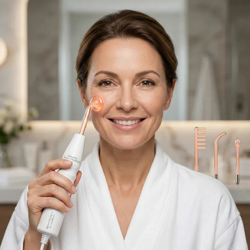 Femme utilisant un appareil haute fréquence visage anti-âge, embouts visibles, salle de bain moderne