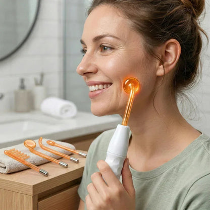 Femme utilisant un appareil haute fréquence visage pour soin anti-rides et éclat de la peau