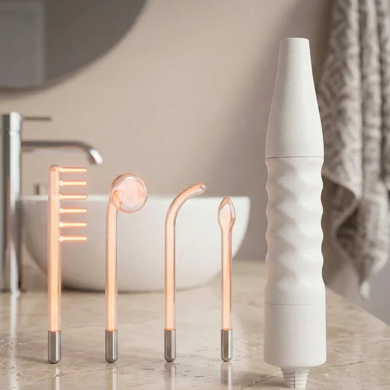 Appareil haute fréquence visage avec électrodes pour soins anti-âge sur lavabo de salle de bain